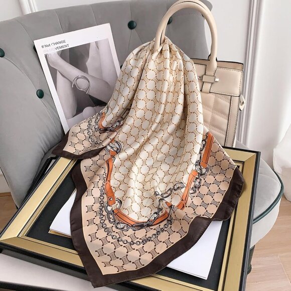 Women Beige Chain Headscarf Satin Bandana Pattern Polyester Breathable Scarves - Picture 6 of 7